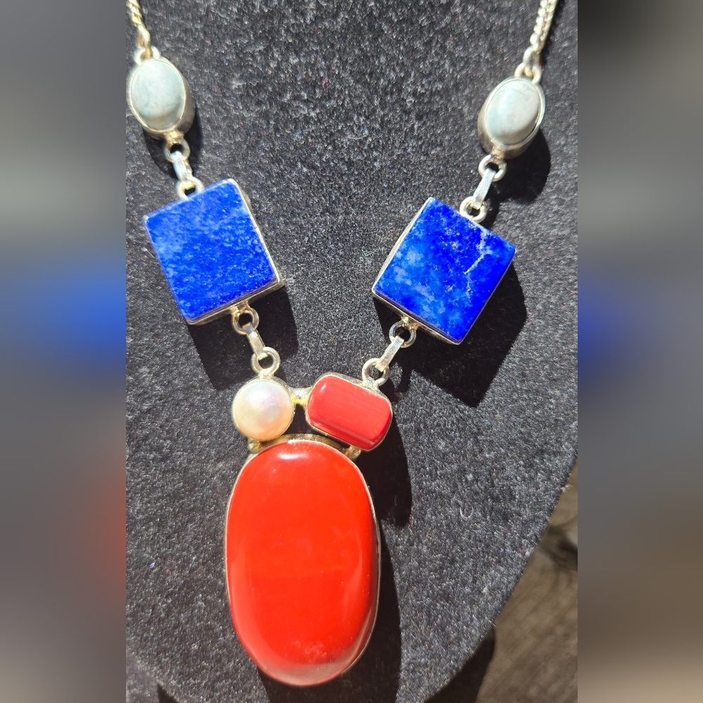Red Turquise Coral Pearl Blue Lapis Larimar Geometric Sterling Necklace 18" - Picture 4 of 7